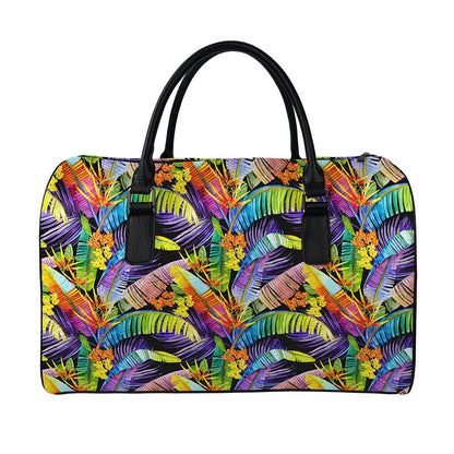 Colorful Leaves Tropical Pattern Print Leather Duffle Bag