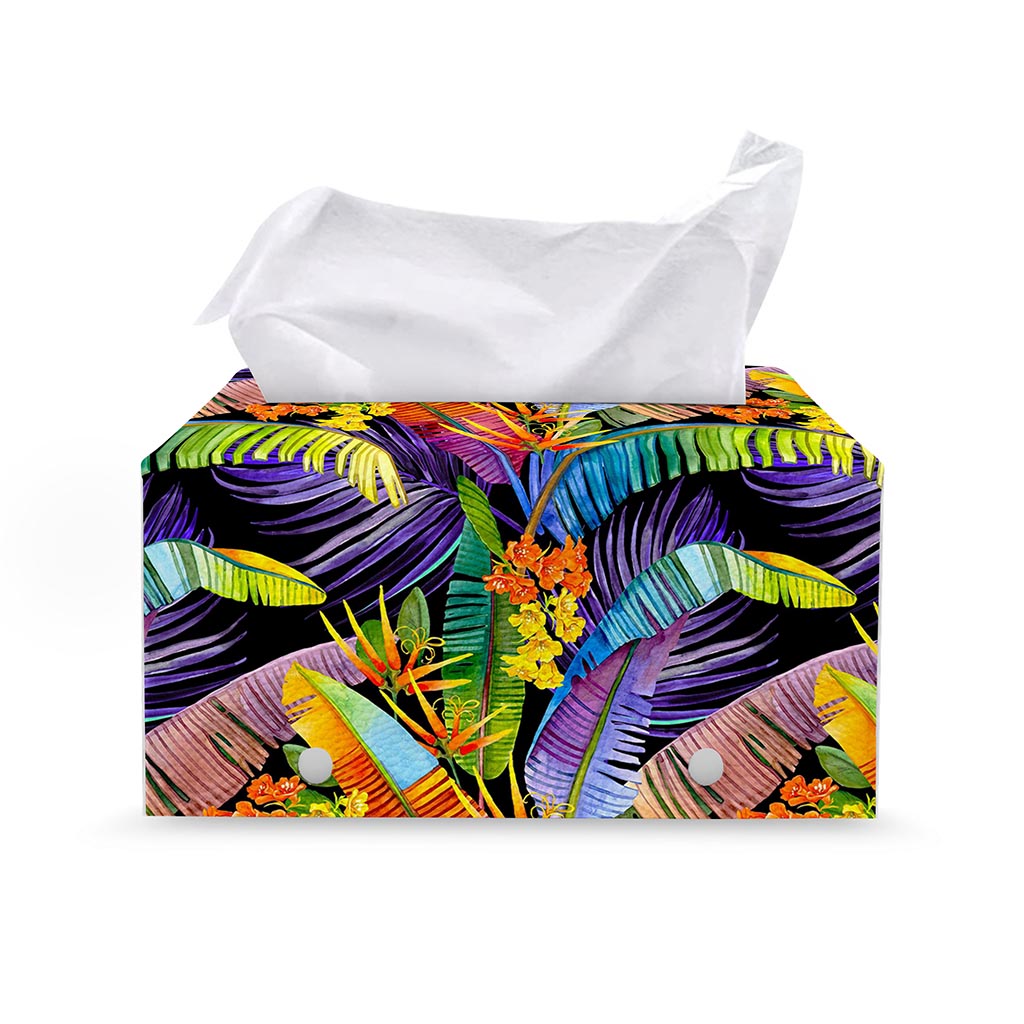 Colorful Leaves Tropical Pattern Print Leather Tissue Box Cover