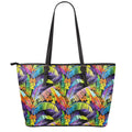 Colorful Leaves Tropical Pattern Print Leather Tote Bag With Zipper