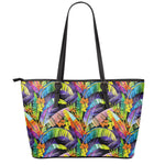Colorful Leaves Tropical Pattern Print Leather Tote Bag