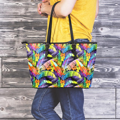 Colorful Leaves Tropical Pattern Print Leather Tote Bag