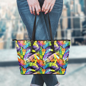 Colorful Leaves Tropical Pattern Print Leather Tote Bag