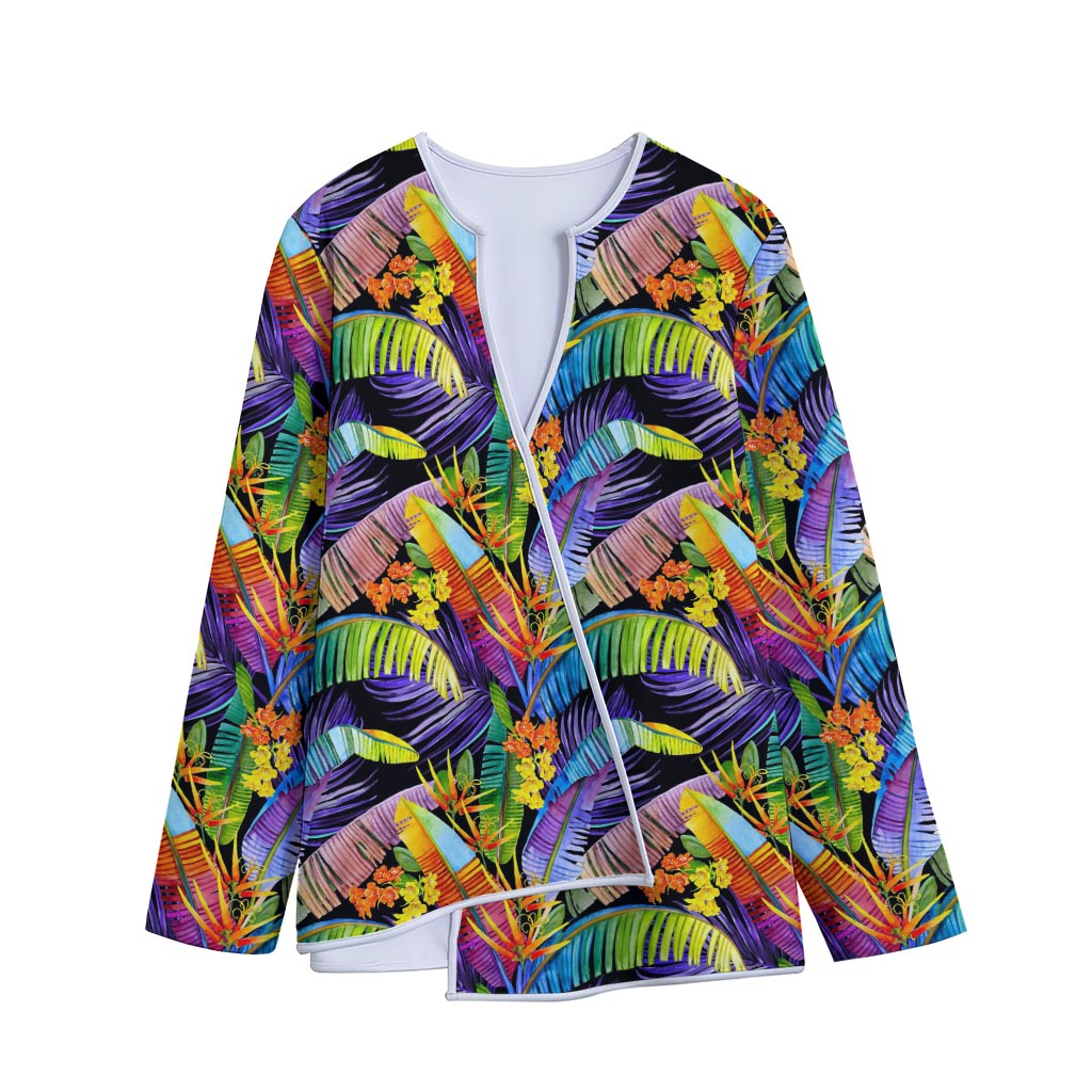 Colorful Leaves Tropical Pattern Print Long Sleeve Short Coat