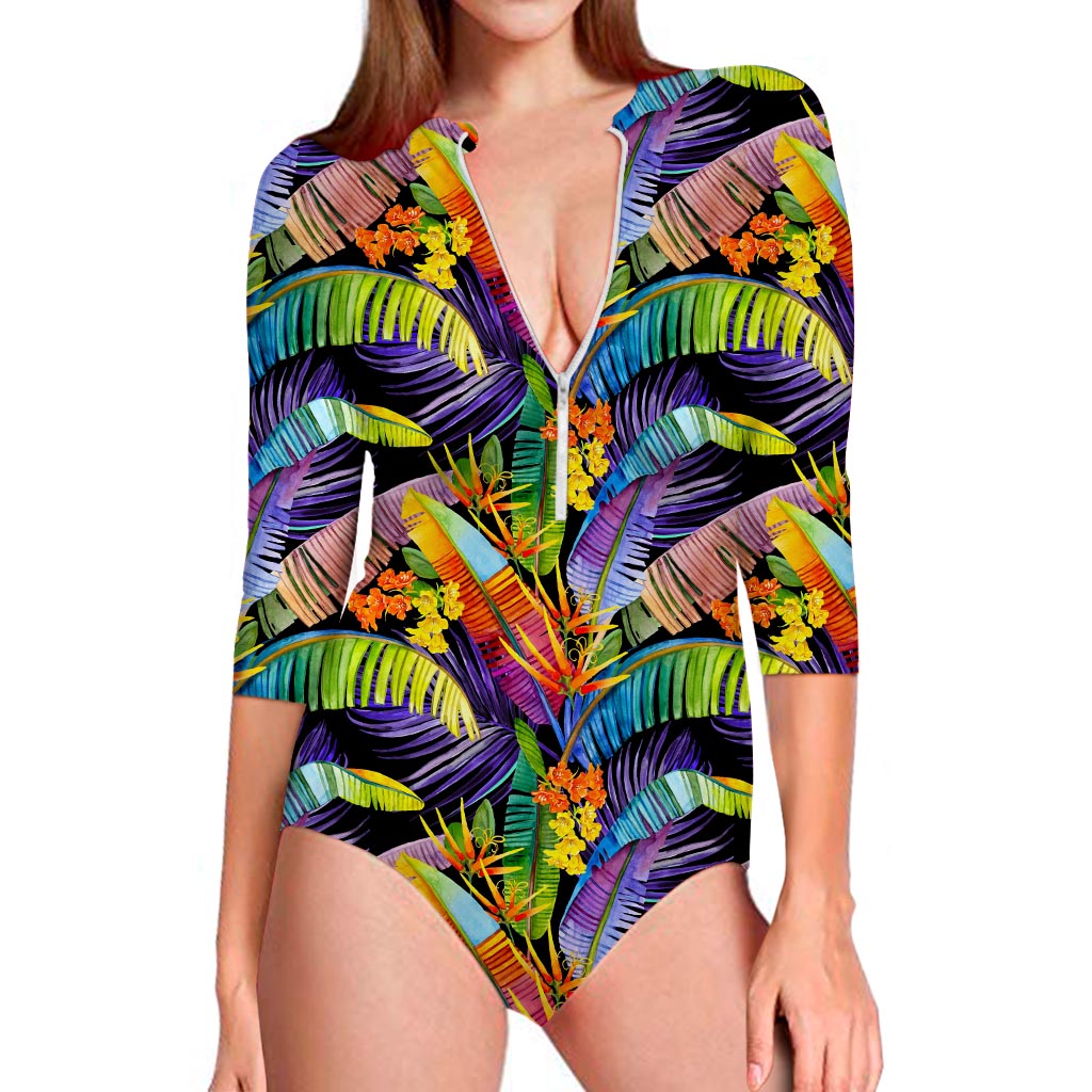 Colorful Leaves Tropical Pattern Print Long Sleeve Swimsuit
