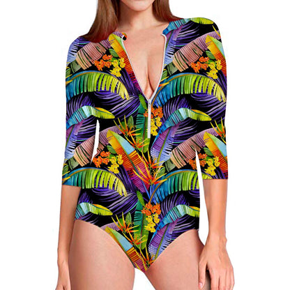 Colorful Leaves Tropical Pattern Print Long Sleeve Swimsuit