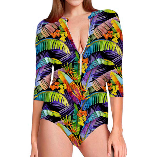 Colorful Leaves Tropical Pattern Print Long Sleeve Swimsuit