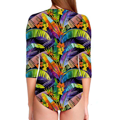 Colorful Leaves Tropical Pattern Print Long Sleeve Swimsuit