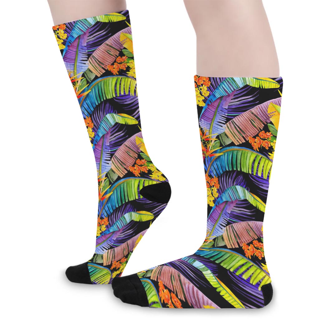 Colorful Leaves Tropical Pattern Print Long Socks