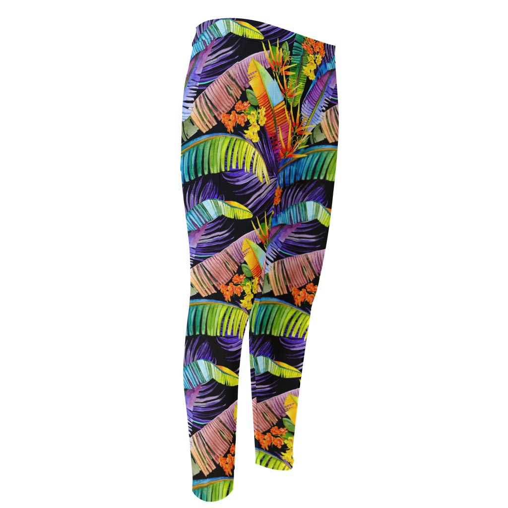 Colorful Leaves Tropical Pattern Print Men's Compression Pants