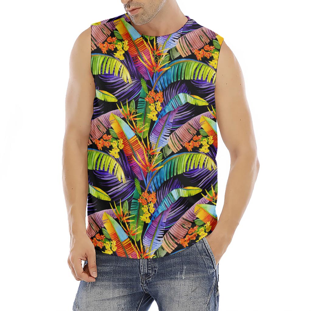 Colorful Leaves Tropical Pattern Print Men's Fitness Tank Top