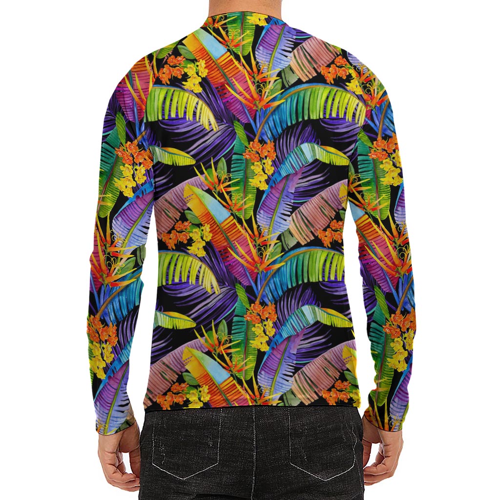 Colorful Leaves Tropical Pattern Print Men's Long Sleeve Rash Guard