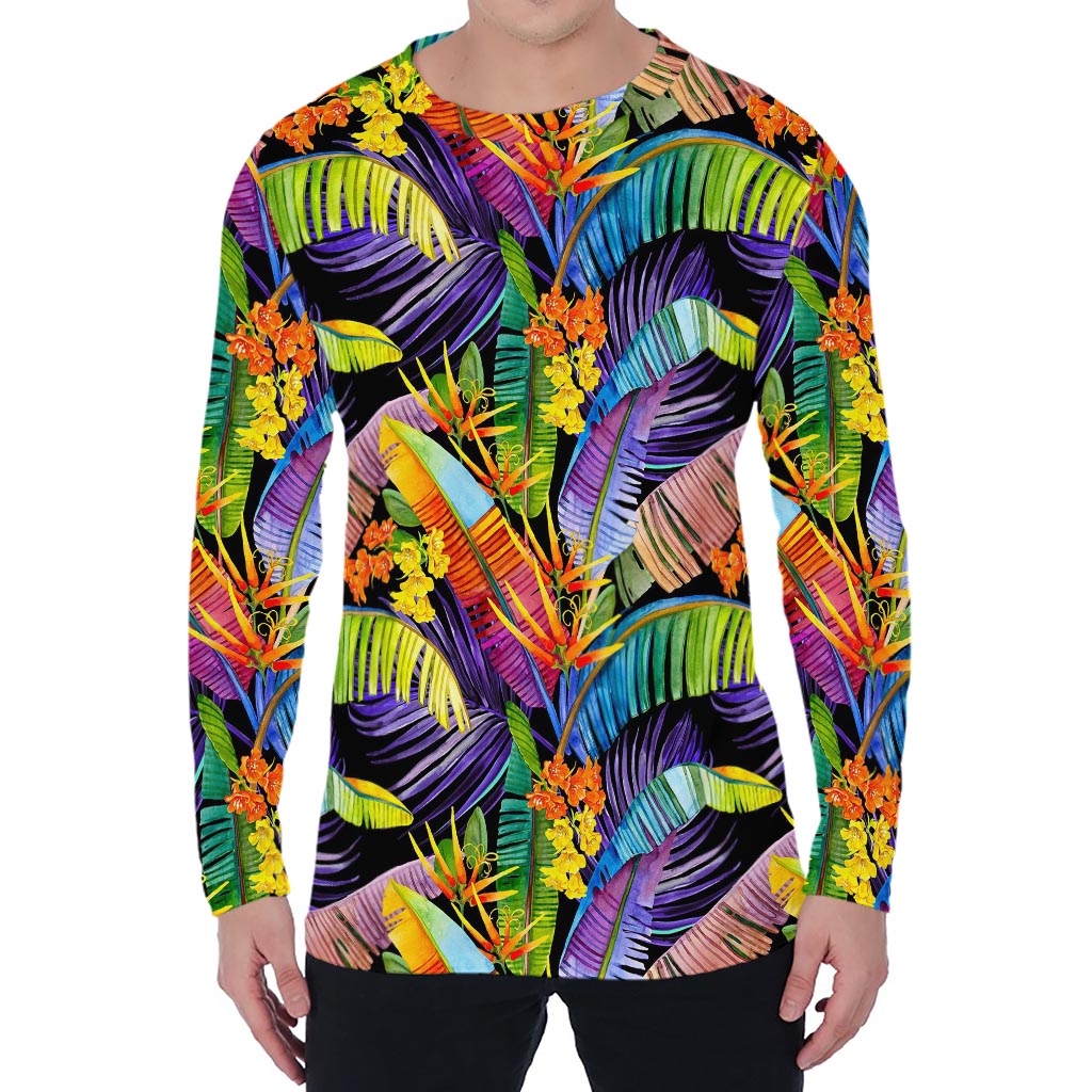 Colorful Leaves Tropical Pattern Print Men's Long Sleeve T-Shirt