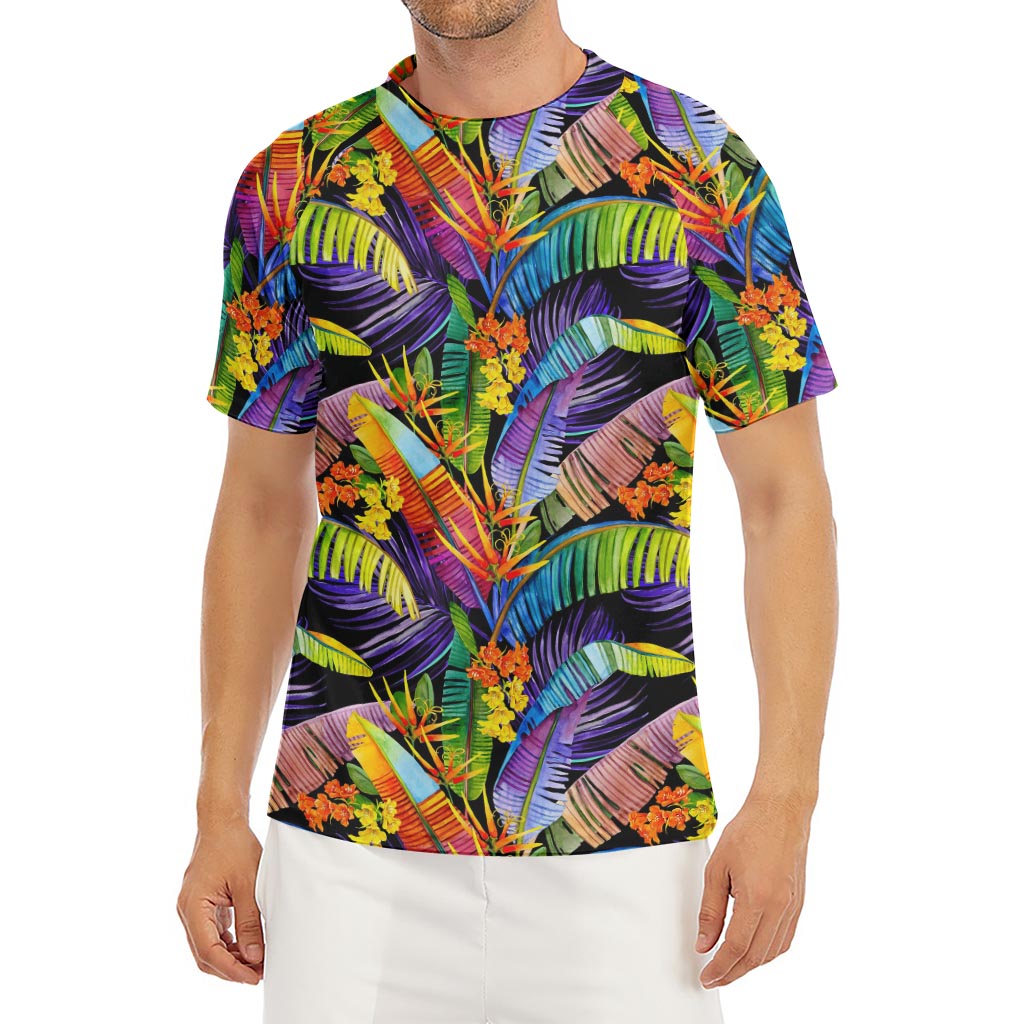 Colorful Leaves Tropical Pattern Print Men's Short Sleeve Rash Guard