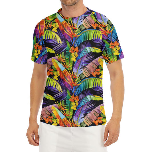 Colorful Leaves Tropical Pattern Print Men's Short Sleeve Rash Guard