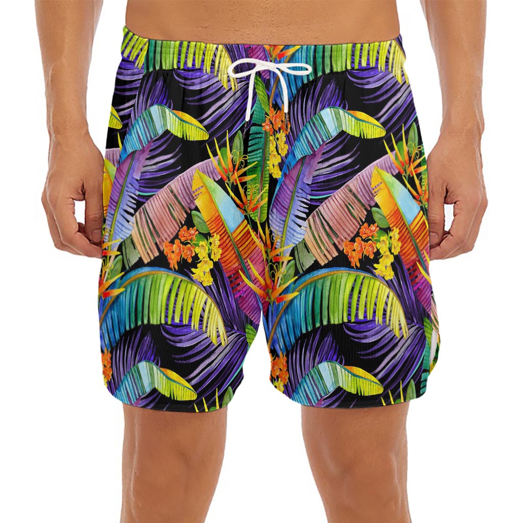 Colorful Leaves Tropical Pattern Print Men's Split Running Shorts