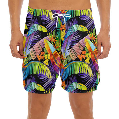 Colorful Leaves Tropical Pattern Print Men's Split Running Shorts
