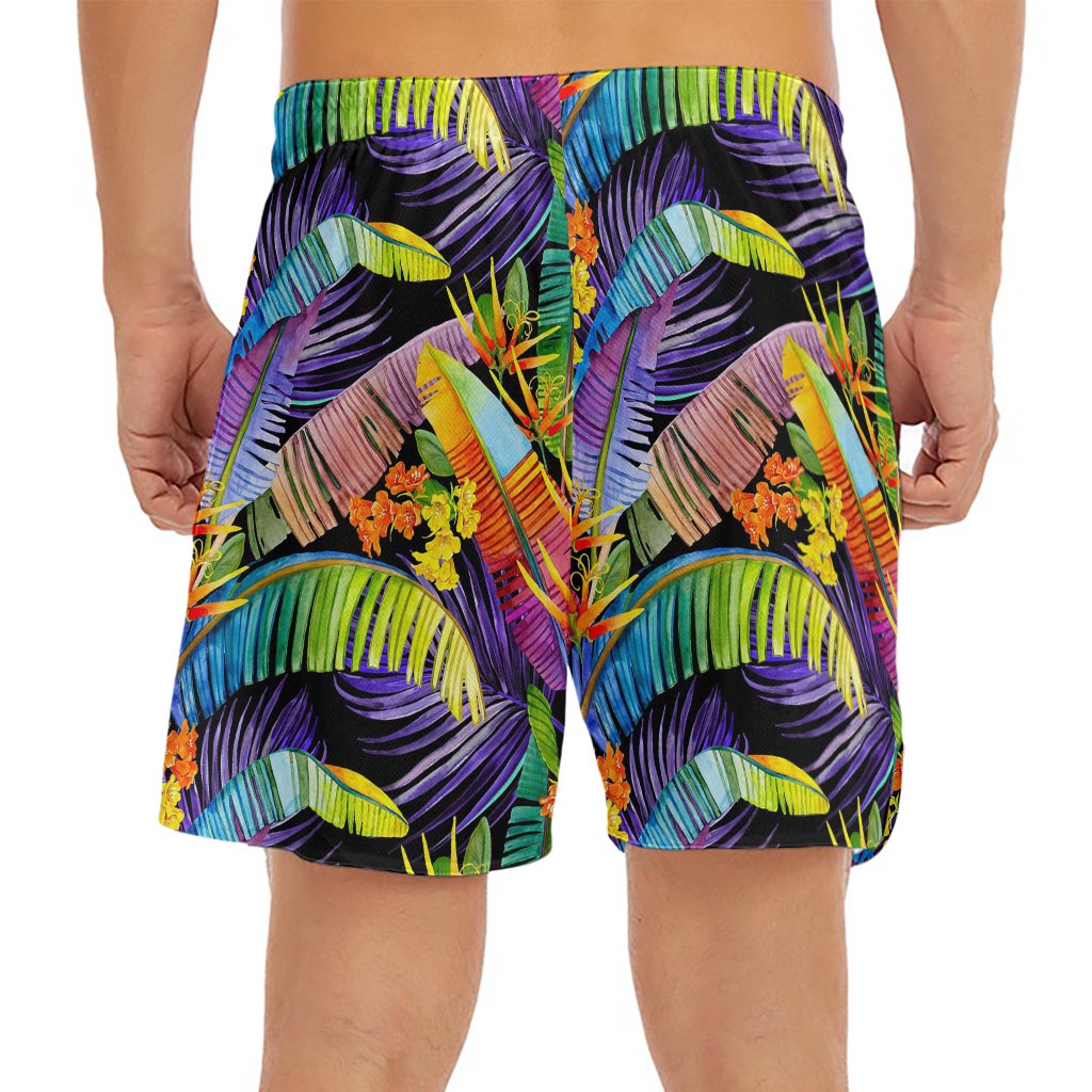 Colorful Leaves Tropical Pattern Print Men's Split Running Shorts