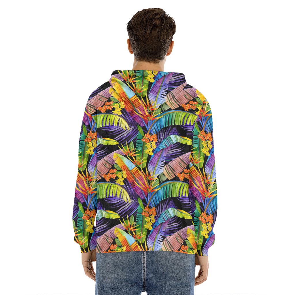 Colorful Leaves Tropical Pattern Print Men's Velvet Pullover Hoodie