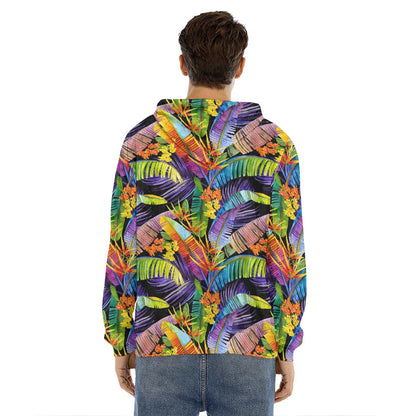 Colorful Leaves Tropical Pattern Print Men's Velvet Pullover Hoodie