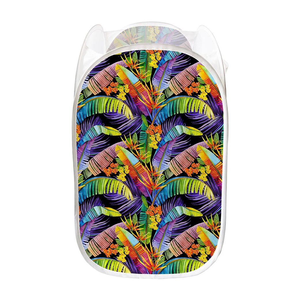 Colorful Leaves Tropical Pattern Print Mesh Laundry Hamper