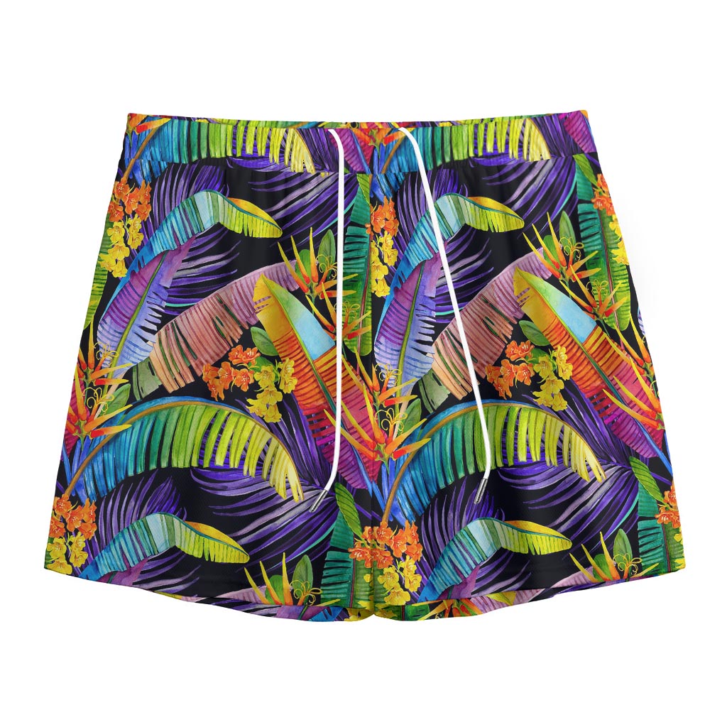 Colorful Leaves Tropical Pattern Print Mesh Shorts