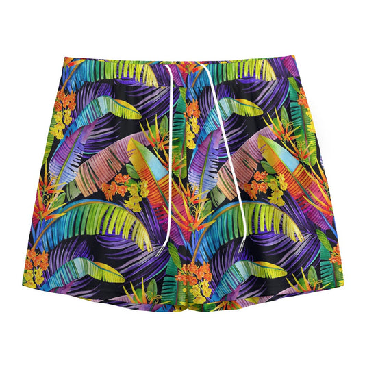 Colorful Leaves Tropical Pattern Print Mesh Shorts
