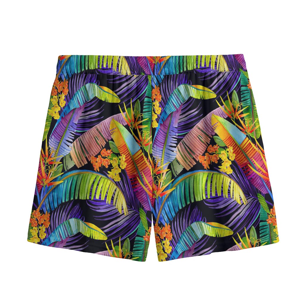 Colorful Leaves Tropical Pattern Print Mesh Shorts