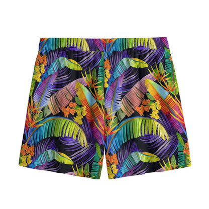 Colorful Leaves Tropical Pattern Print Mesh Shorts