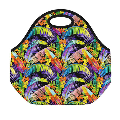 Colorful Leaves Tropical Pattern Print Neoprene Lunch Bag