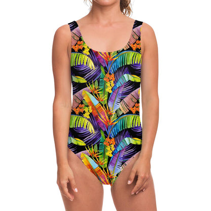 Colorful Leaves Tropical Pattern Print One Piece Swimsuit