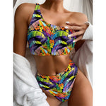 Colorful Leaves Tropical Pattern Print One Shoulder Bikini Top