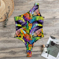Colorful Leaves Tropical Pattern Print One Shoulder Bodysuit