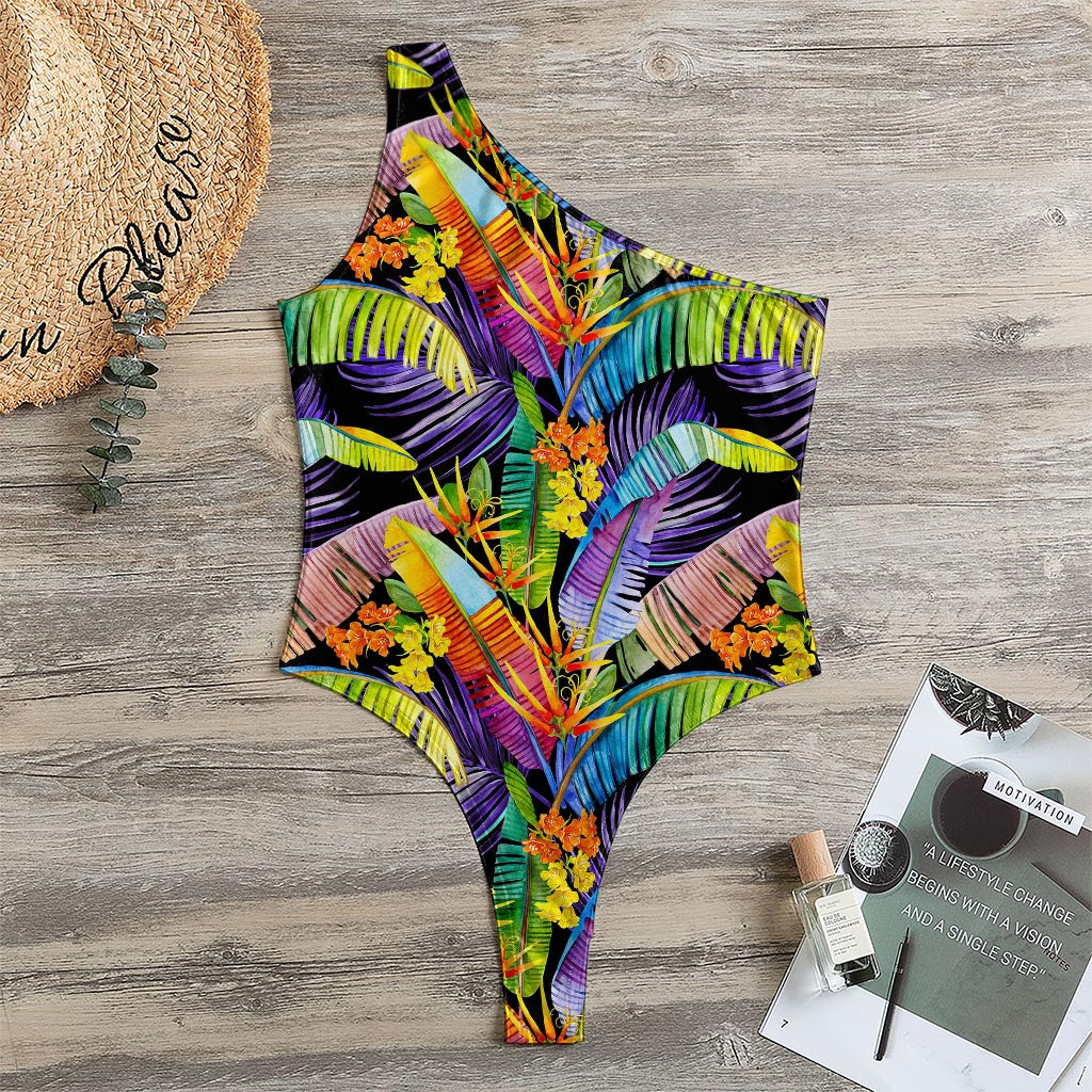 Colorful Leaves Tropical Pattern Print One Shoulder Bodysuit