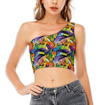 Colorful Leaves Tropical Pattern Print One Shoulder Crop Top