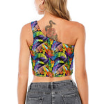 Colorful Leaves Tropical Pattern Print One Shoulder Crop Top