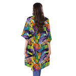 Colorful Leaves Tropical Pattern Print Open Front Beach Cover Up