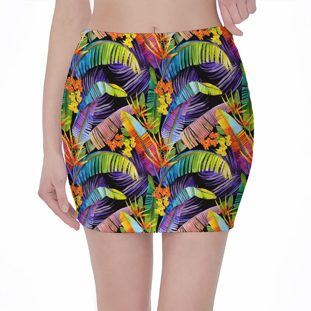 Colorful Leaves Tropical Pattern Print Pencil Mini Skirt