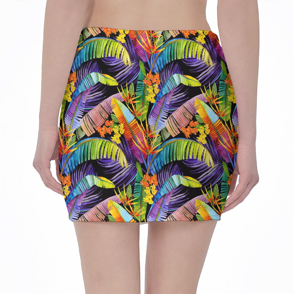 Colorful Leaves Tropical Pattern Print Pencil Mini Skirt