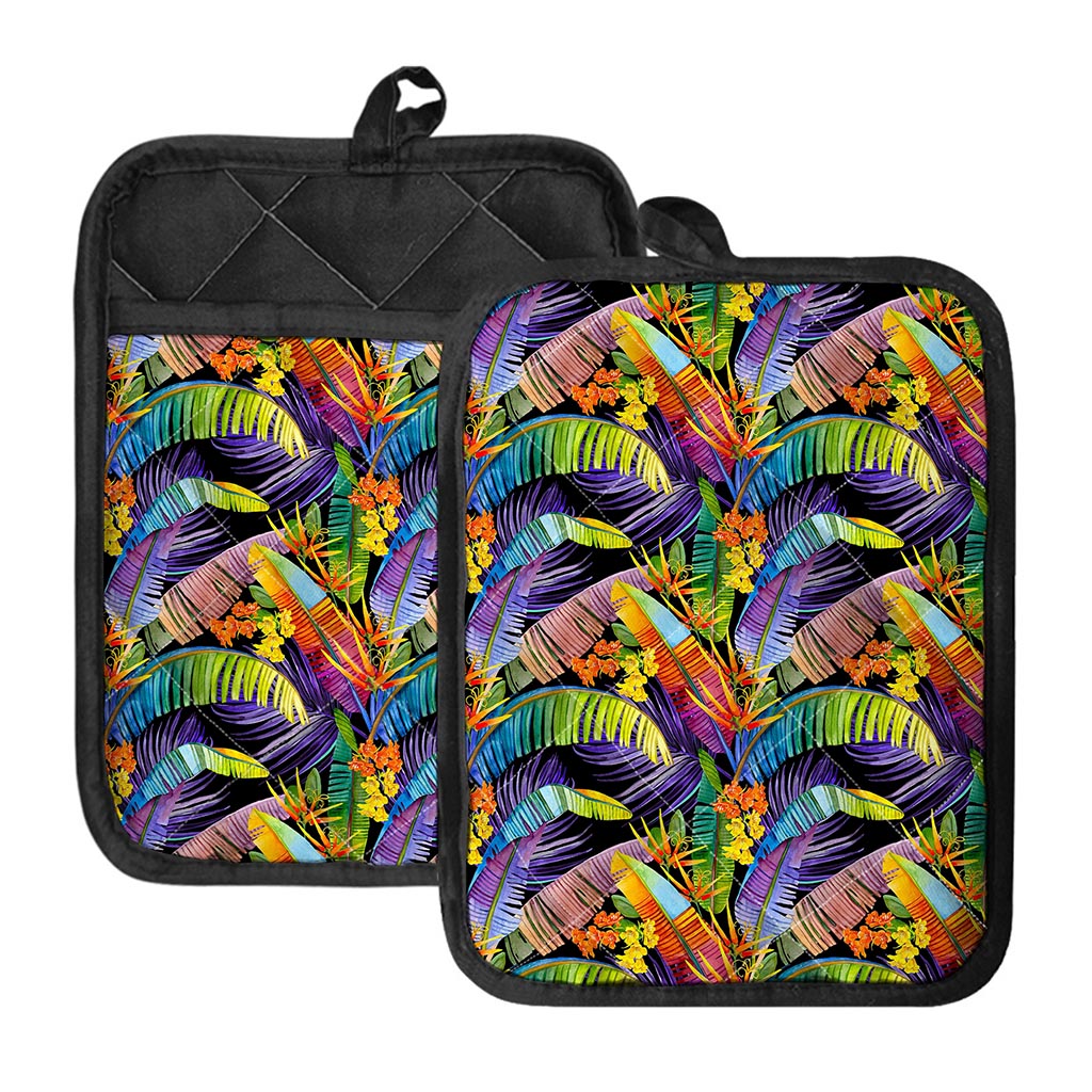 Colorful Leaves Tropical Pattern Print Pot Holders With Pocket