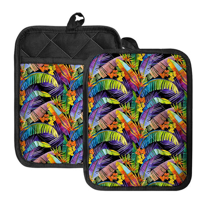 Colorful Leaves Tropical Pattern Print Pot Holders With Pocket