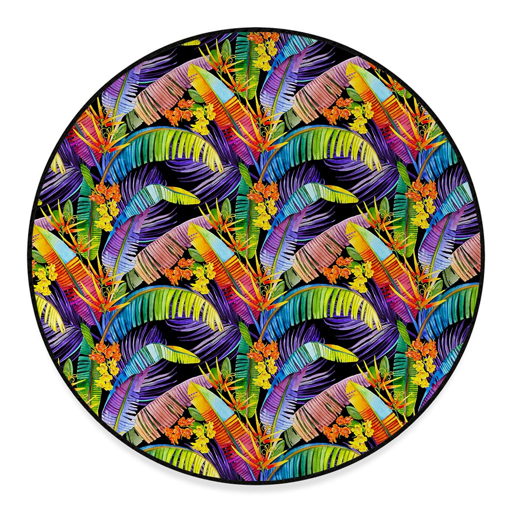 Colorful Leaves Tropical Pattern Print Round Floor Mat