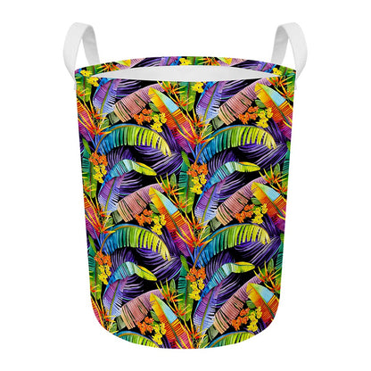 Colorful Leaves Tropical Pattern Print Round Laundry Basket
