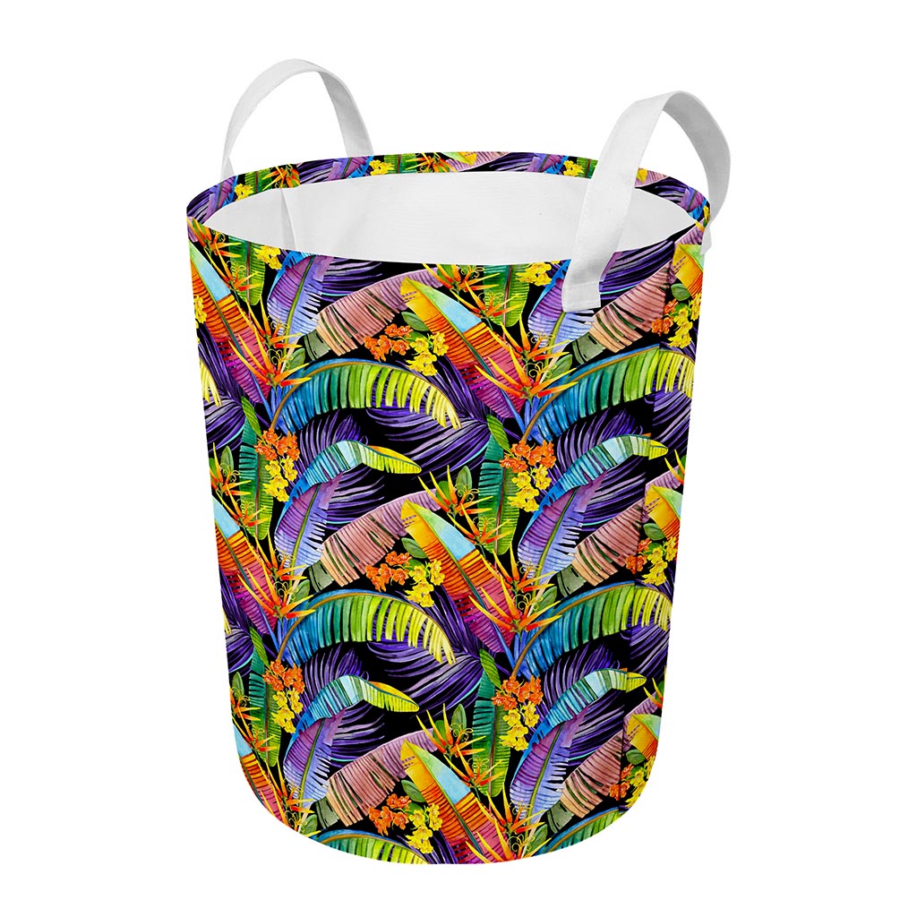 Colorful Leaves Tropical Pattern Print Round Laundry Basket