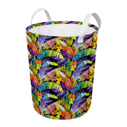 Colorful Leaves Tropical Pattern Print Round Laundry Basket