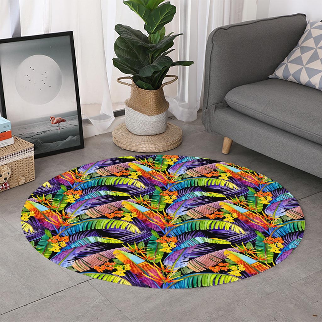 Colorful Leaves Tropical Pattern Print Round Rug