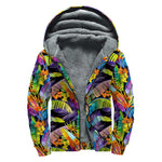 Colorful Leaves Tropical Pattern Print Sherpa Lined Zip Up Hoodie