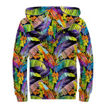 Colorful Leaves Tropical Pattern Print Sherpa Lined Zip Up Hoodie