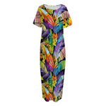 Colorful Leaves Tropical Pattern Print Short Sleeve Long Nightdress