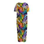 Colorful Leaves Tropical Pattern Print Short Sleeve Long Nightdress