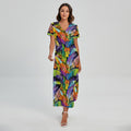 Colorful Leaves Tropical Pattern Print Short Sleeve Maxi Dress